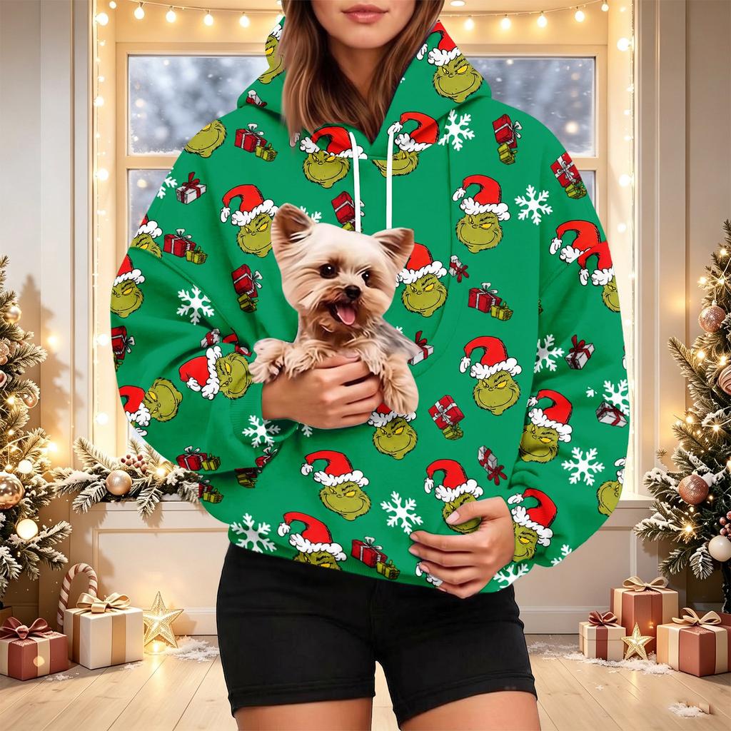 Women's Christmas Print Hoodie with Pet Pocket, Casual Long Sleeve Pullover Sweatshirt