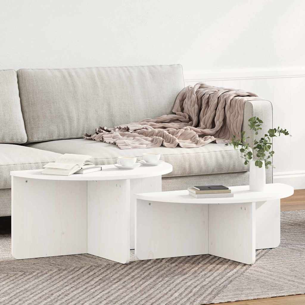 Coffee Table Set 2 Pcs White Solid Pine Wood