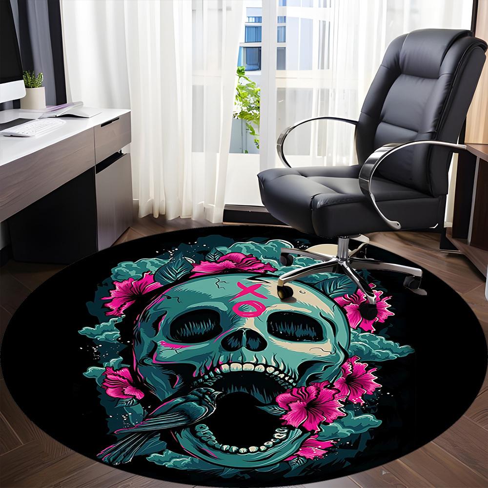 1pc Skull Flowers Office Round Area Rug, Indoor Mat Suitable For Office, Under Office Chairs Bedroom Living Room Home Decor, Room Deco