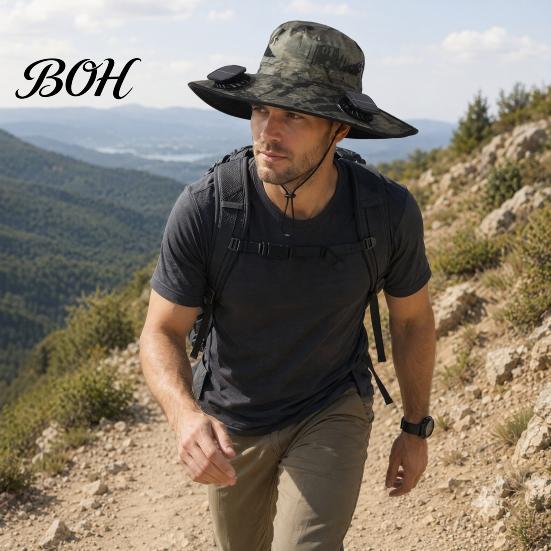 Cycling Cooling Hat Solar Fan Hat, UPF 50+ Wide Brim Sun with 2 Cap Fans, & USB Rechargeable, 3 Speeds for Fishing/Camping/Hiking/Gardening