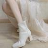 French high-heeled short boots women's 2026 autumn and winter new thick heel square head white elastic thin boots women's velvet