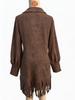 V-neck Faux Deerskin Dress with Fringe Hem and Lapels, Long Sleeve, European & American Style  