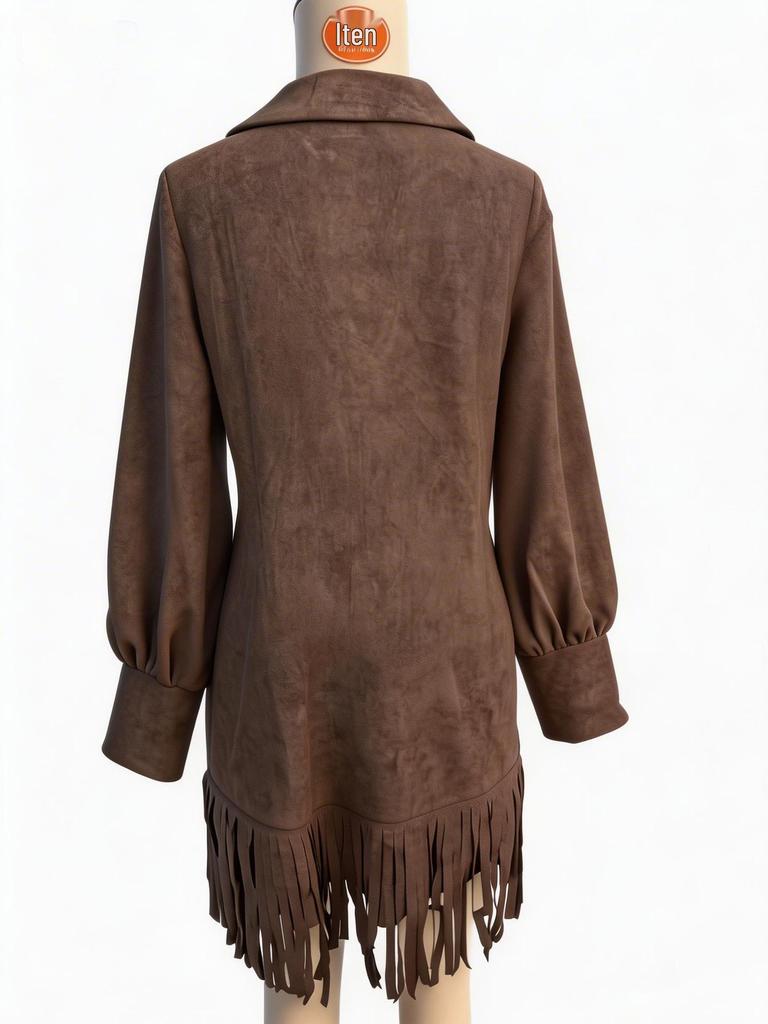 V-neck Faux Deerskin Dress with Fringe Hem and Lapels, Long Sleeve, European & American Style  