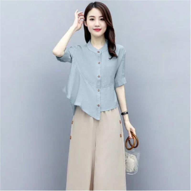 Women's Elegant Ethnic Style Suit Solid Color Literary Design Short Sleeve Top + Wide Leg Pants Two Piece Set