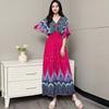 Ethnic Style V-neck Cotton and Silk Short-sleeved French Thai Style Dress for Women's Summer Printing Pastoral Style Skirt for Vacation Wear