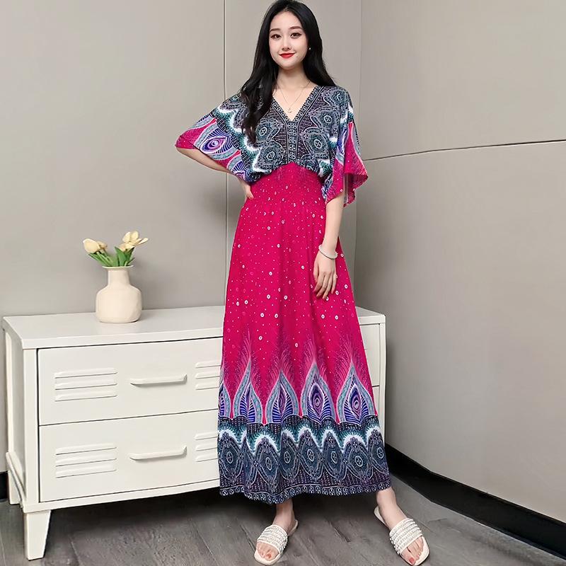 Ethnic Style V-neck Cotton and Silk Short-sleeved French Thai Style Dress for Women's Summer Printing Pastoral Style Skirt for Vacation Wear