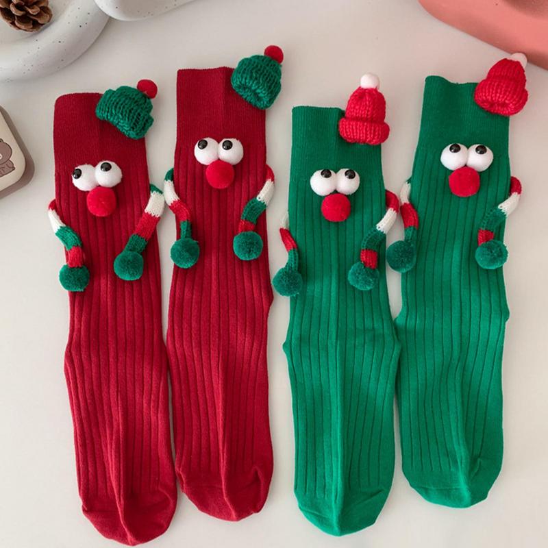 Christmas Women s Socks Cartoon Cute Christmas Middle Tube Socks Funny Couple Holding Hands Magnetic Socks Funny Socks Xmas Gift Christmas green magn