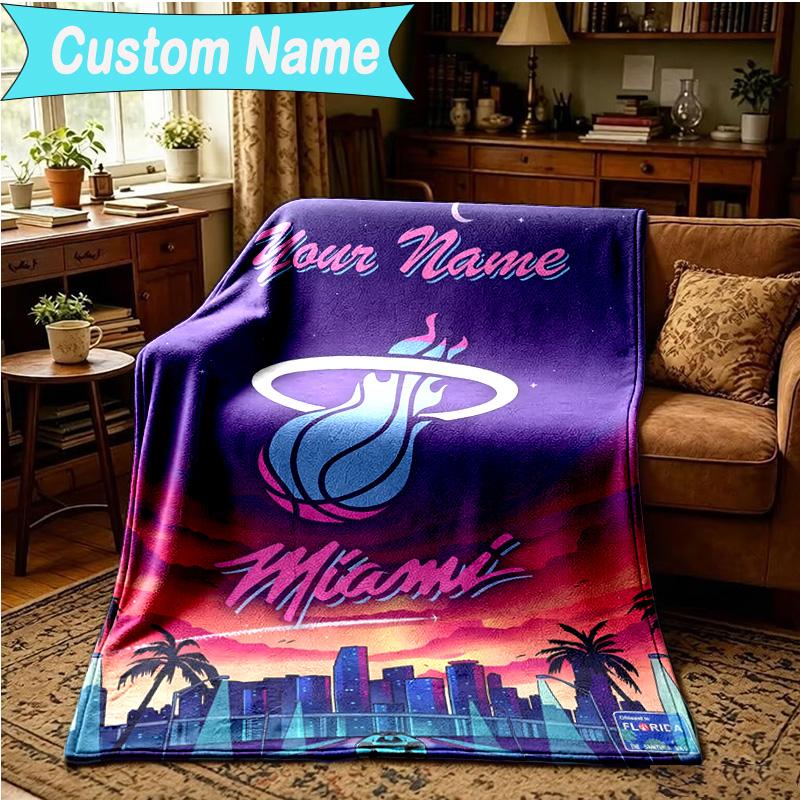 1PC Custom Name Blanket Heat Miami Team Spirit Flannel blankets Patterns Throw Blanket All-Season Soft Gift for Couch, Bed, Camping, Birthday gifts