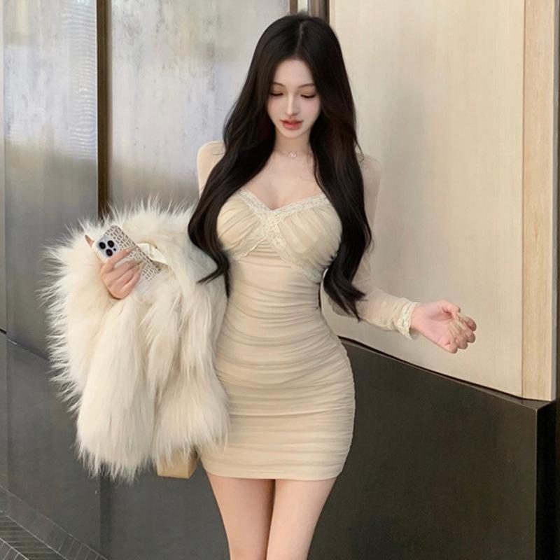 Women's Sexy Lace Splicing Pleated Skinny Long Sleeve Dress