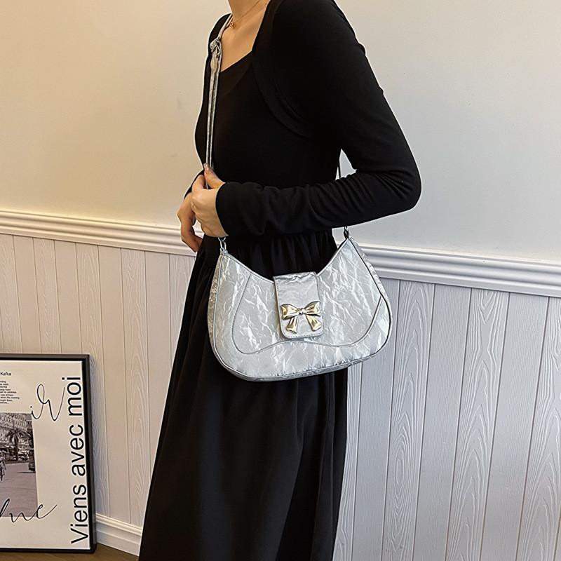 Stylish French Bow Aesthetic Underarm Bag In Black Silver Pink And White For Trendy Commuters