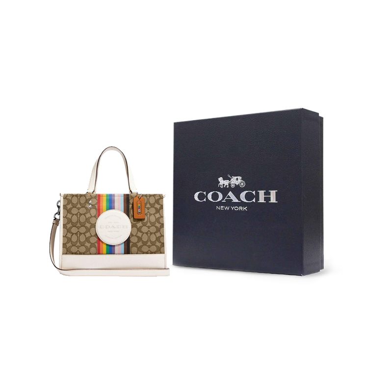 Coach 29 Logo Rainbow Stripe Classic Canvas And Leather Tote Bag Women tote Brown White CJ578-SVOT8