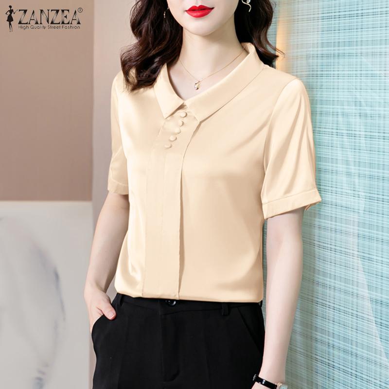 

ZANZEA Летняя женская свободная блузка на рабочем месте с лацканами и короткими рукавами на декоративных пуговицах