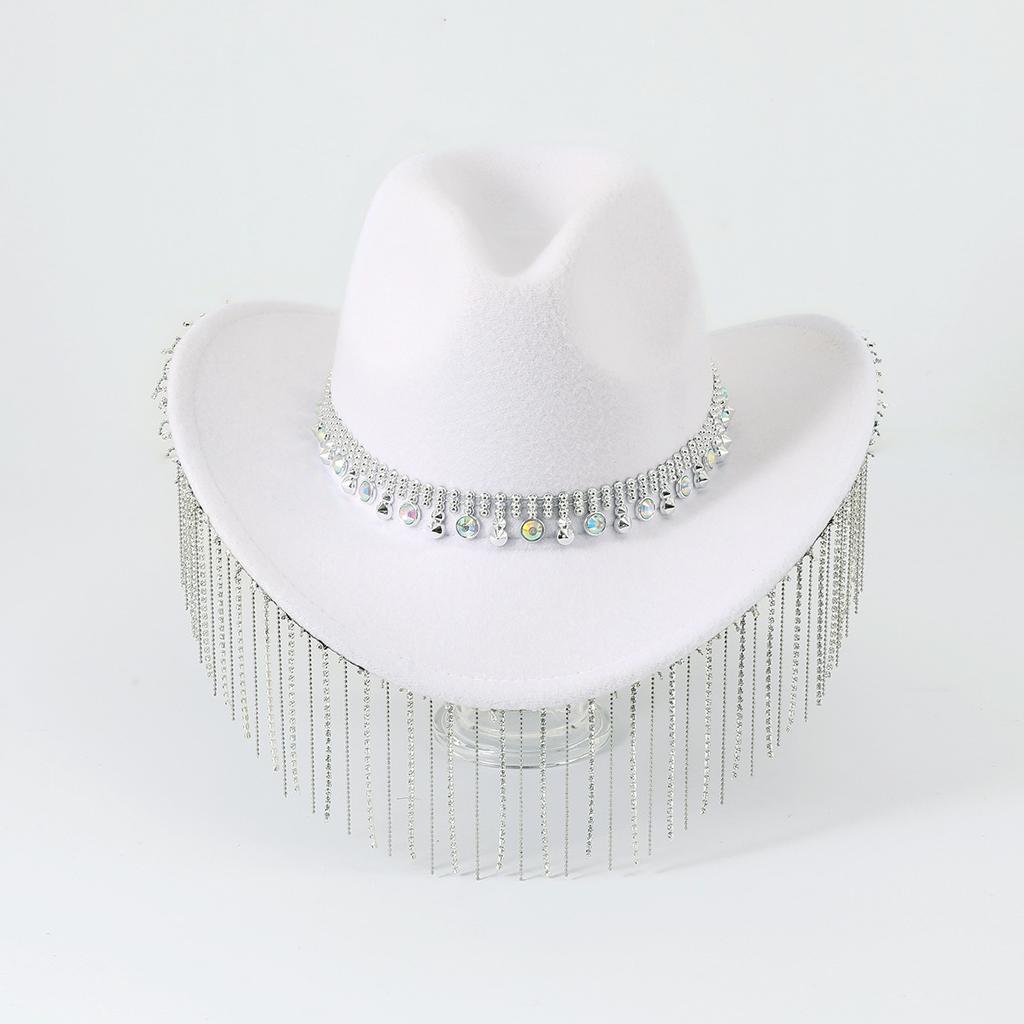 Women's wedding western cowboy top hat curved design with rhinestone fringe decoration wedding bridal party hat