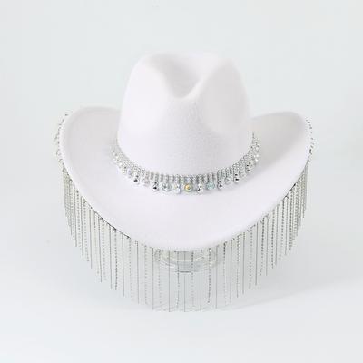 Chapeau haut de forme western cowboy pour femme design incurvé avec décoration frange strass chapeau de fête de mariage nuptiale