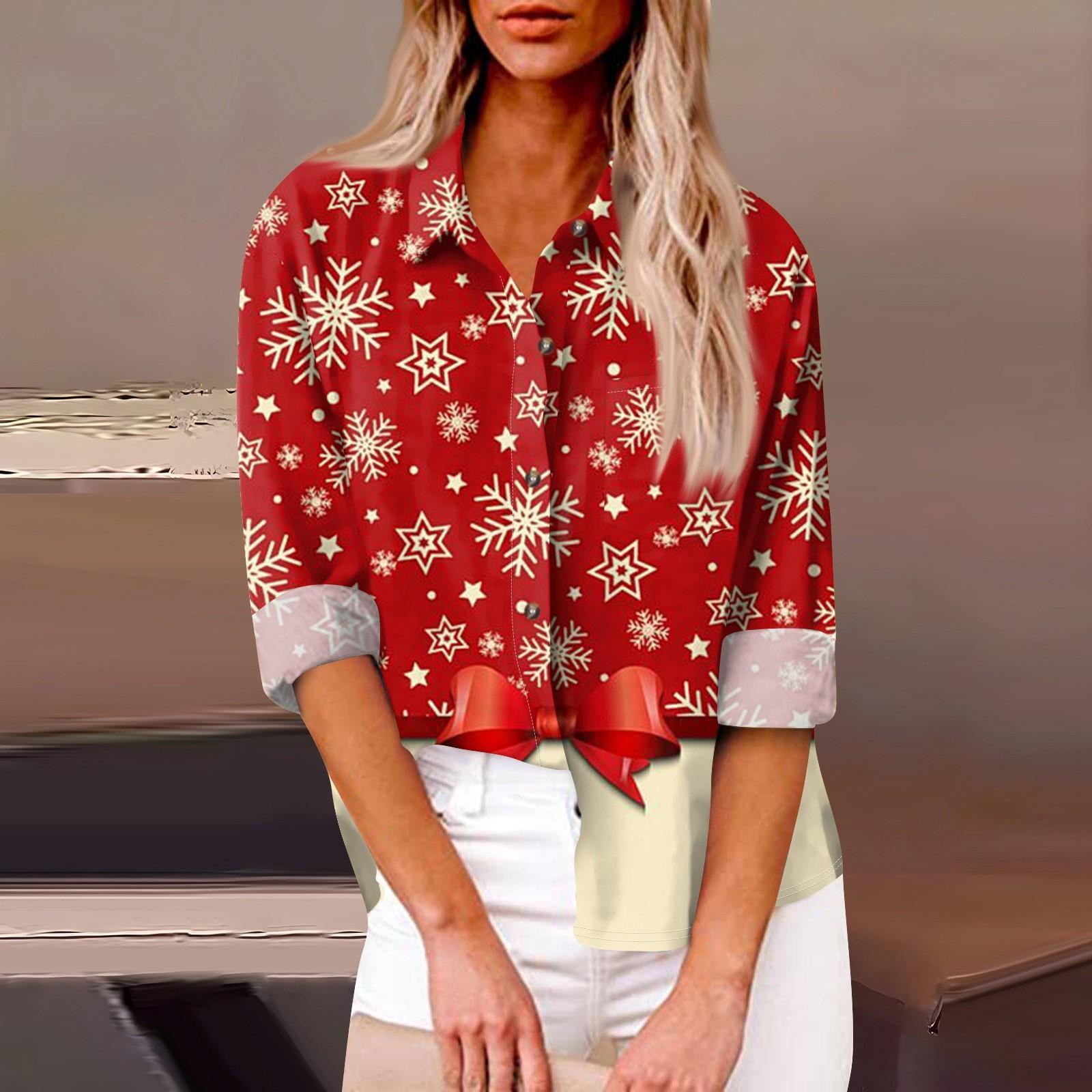 

Женская свободная повседневная рубашка с длинными рукавами и рождественским принтом, кардиган с принтом и карманами M красный