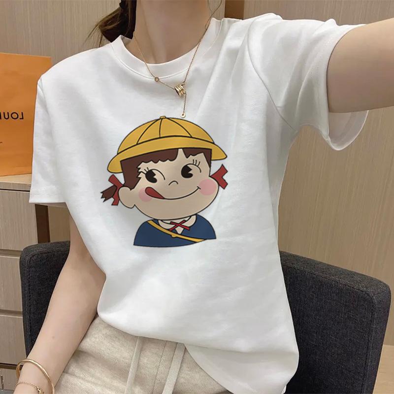 

Мультяшная белая футболка с коротким рукавом женская 2025 лето новая европейская большого размера с рукавом до локтя модный тренд маленький топ S