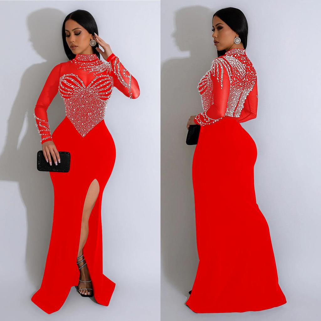 Women's European & American Fashion Slit Long Dress with Mesh and Hot Drilling Design