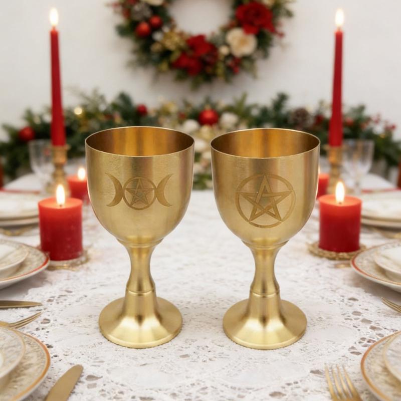 Handcrafted Brasses Goblet With Moon And Star Pattern Pentagrams Chalice Perfect For Ceremonies And Display