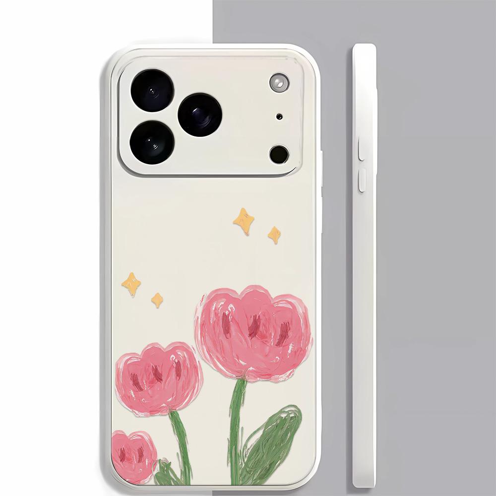 

Hand-Painted Tulips Soft Silicone Case For Iphone 14 16E 17 Air 11 12 13 15 16 Plus 17 Pro Max 17E Cover Case iphone 16 Plus белый