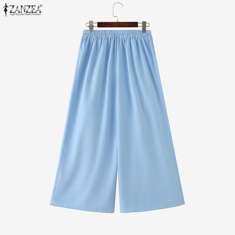 ZANZEA Women Casual Elastic Waist Solid Color Loose Wide Leg Pants
