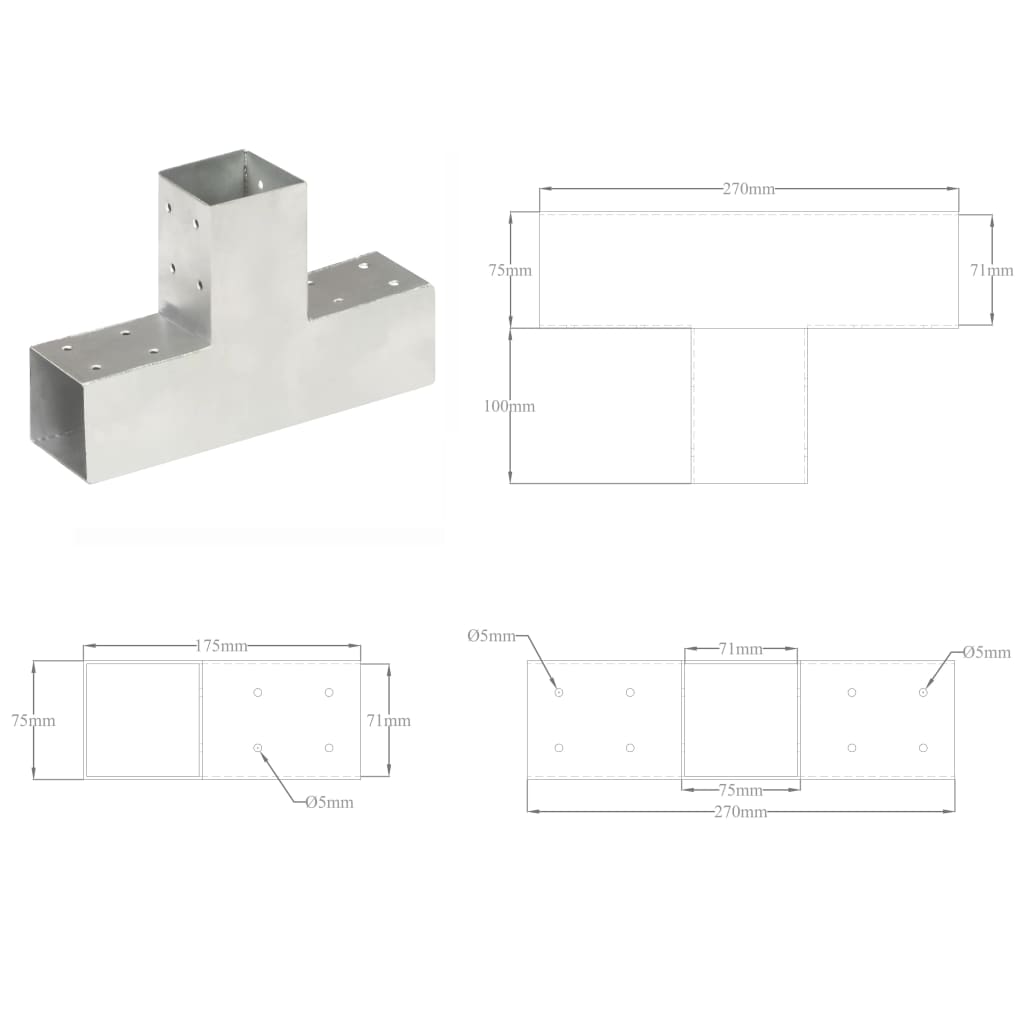 Vidaxl T-Shaped Post Connector, Galvanized Metal, 71X71 Mm