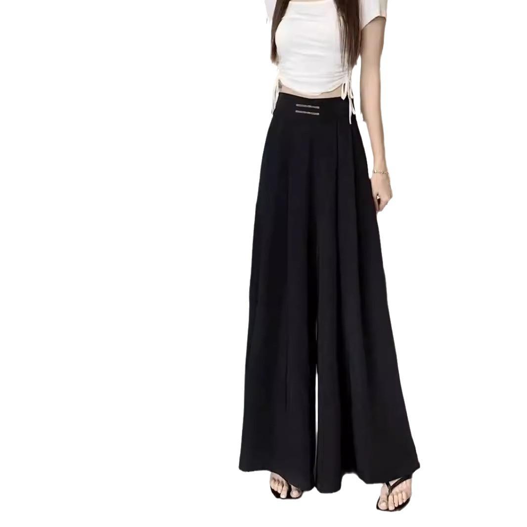 

Летом и осенью пряжка высокая талия свисающие ощущения широкие ноги свисающие ощущения талия прикрывает живот длинная юбка брюки 3XL чёрный