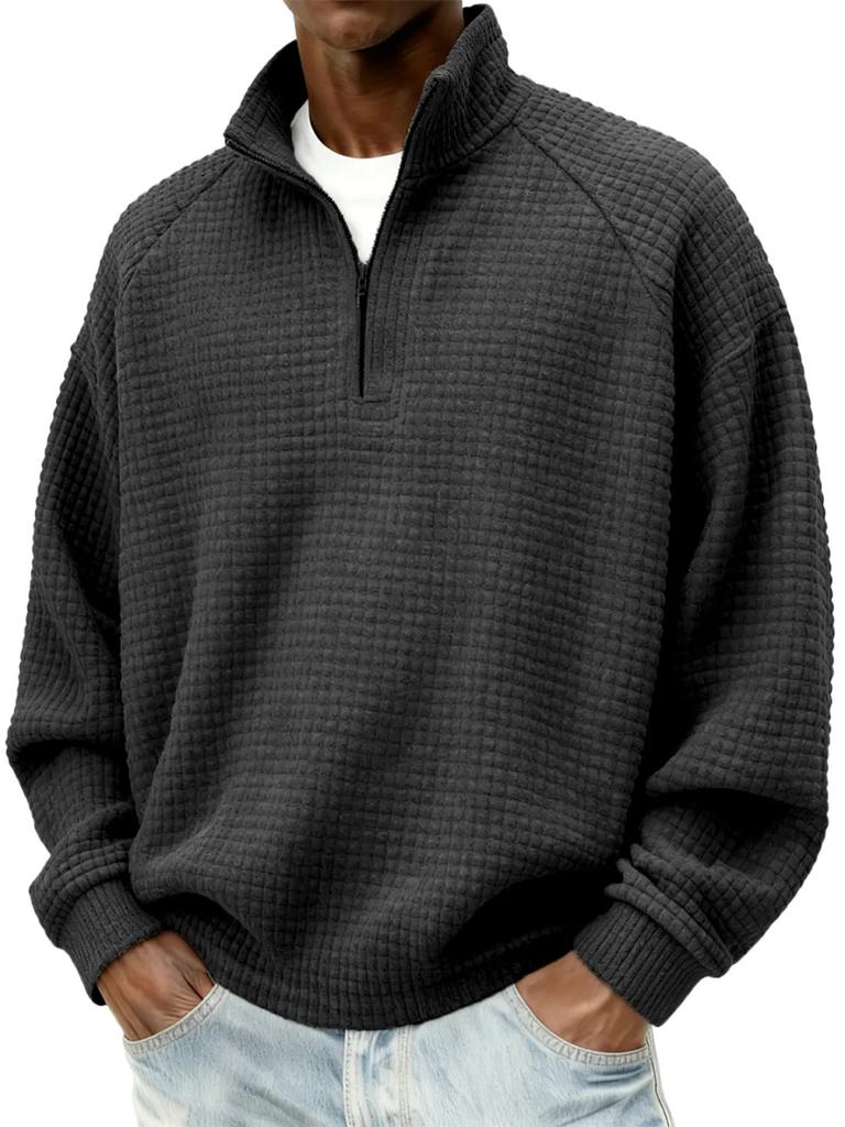 Men's Vintage Check Textured Zip Sweatshirt Stand Collar Long Sleeve Casual Pullover