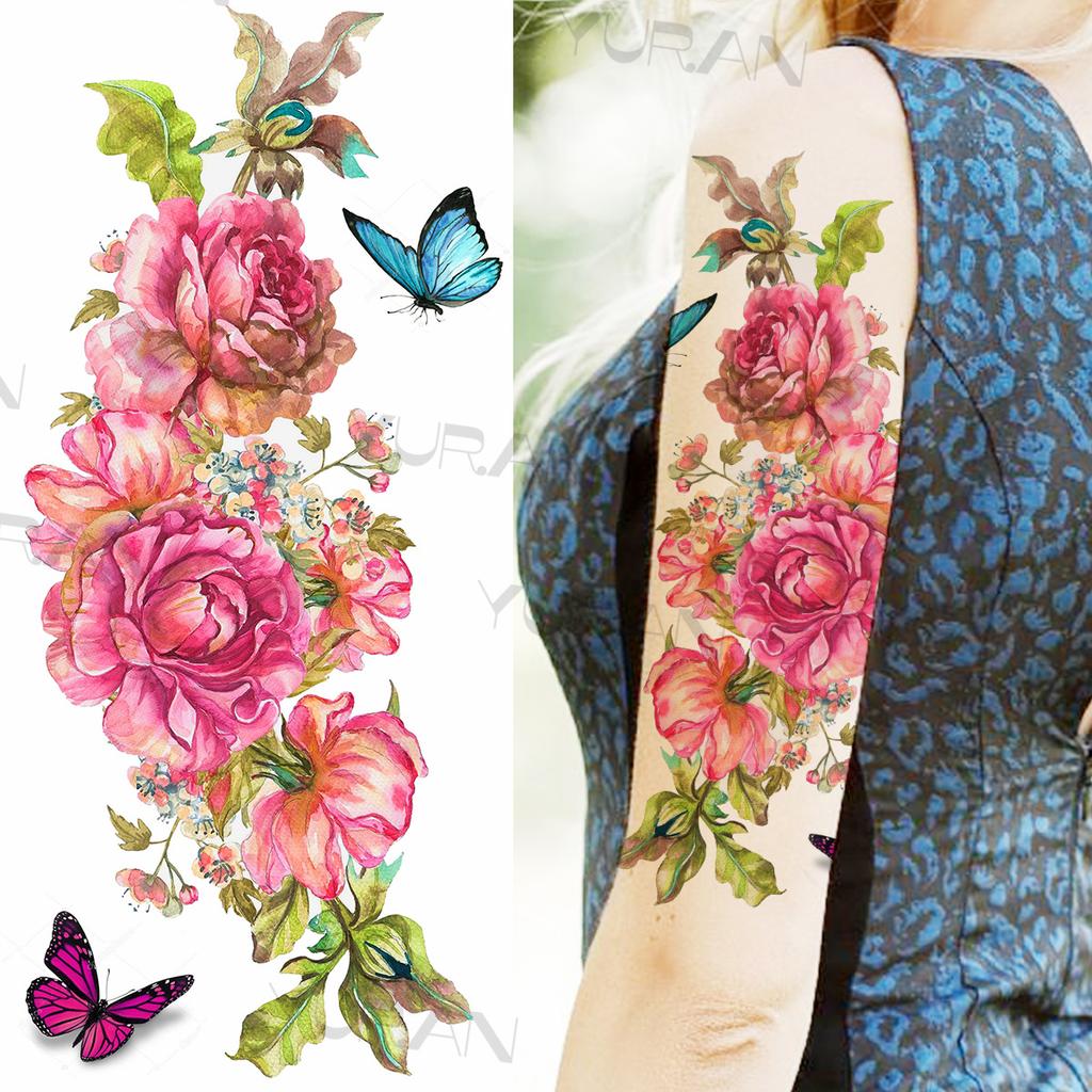 Large Colorful Rose Flower Temporary Tattoos For Girls Women Anchor Fake Gemstone Pendant Tattoo Paste Arm Body Tatoos Creative