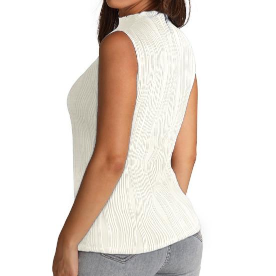 Women Summer Vest Solid Color Half Turtle Neck Sleeveless Tank Top Striped Jacquard Texture