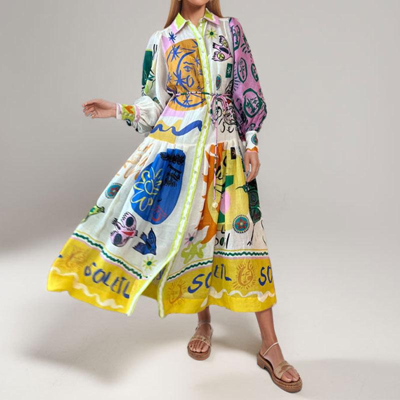 

2026 Spring Women s European & American Style Print Cardigan Dress with Wide Hem Large