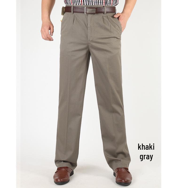Men's High Waist Double Pleated Cotton Pants - Spring/Summer, Loose Straight Leg, Plus Size