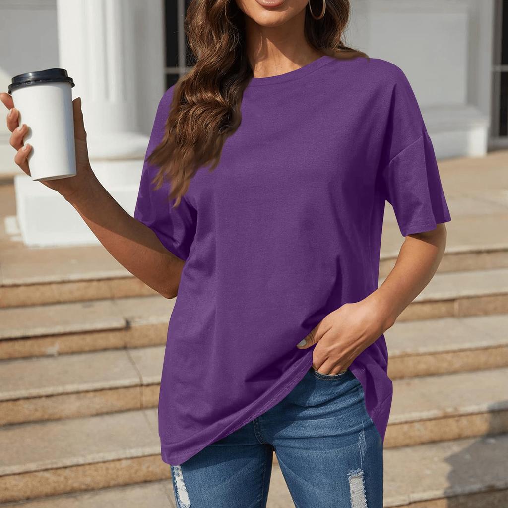 A Solid-color Loose Short-sleeved, Round-neck Plate-sized Top For Women In Spring And Summer