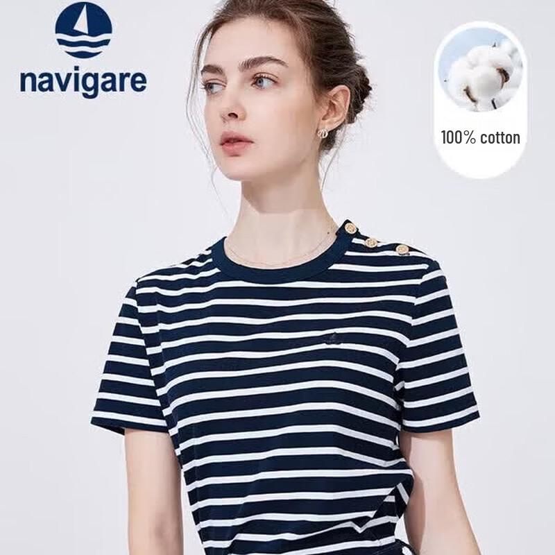 Navigare Women s 100% Cotton Striped Crew Neck Short Sleeve T-Shirt L