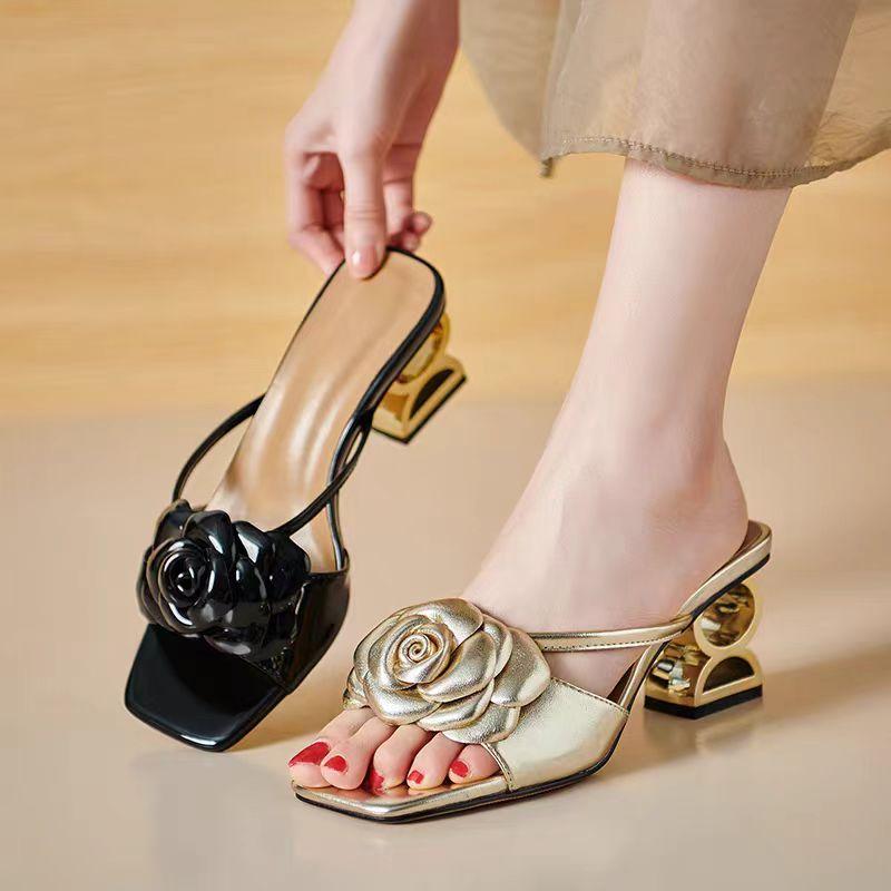 Fashion Women Shoes 2025 New Summer Fashion Flowers Black Beige Gold Dress Party Wedding Female Sandals Shoes Big Size 34-42