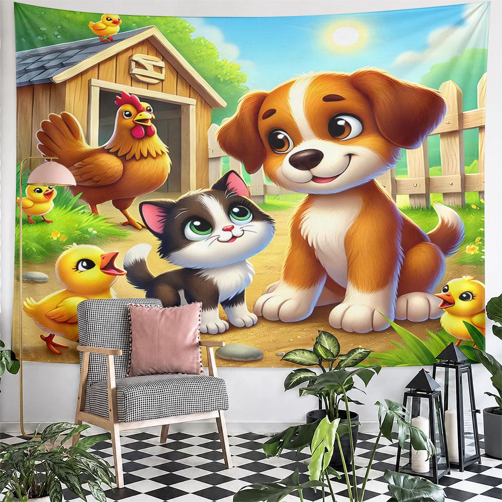 Farm Animals and Cute Pets Scene Pattern Wall Hanging Tapestry Decorative Tapestry Home Decor for Bedroom and Living Room