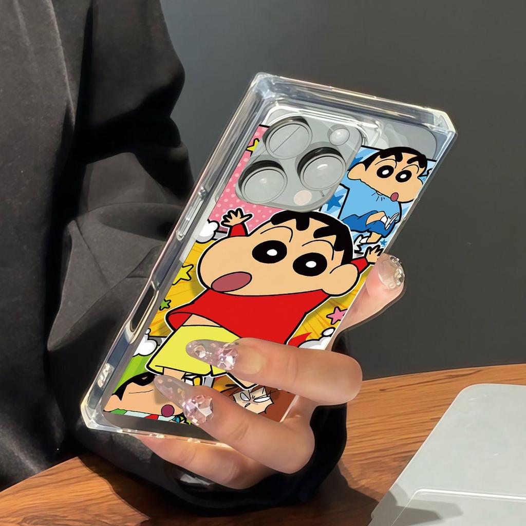 Clear Square Back Tube Case Protection For iPhone 16 ProMax 14 Pro Max 13 12 15 Plus 11 Anti-Oxygen,Starry Shin-chan Pattern Casing