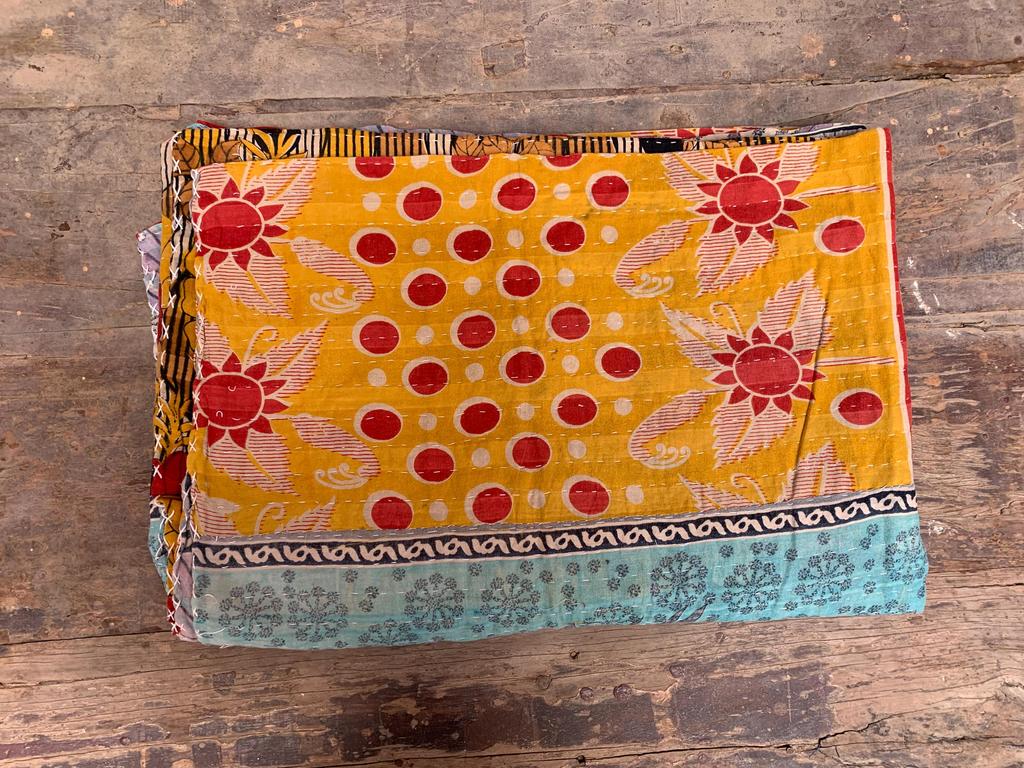 Hand-Stitched Floral Kantha Quilt: Reversible Indian Cotton Throw