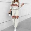 Women Retro Pattern Print Two Piece Outfit, Long Sleeve Crew Neck Top & Drawstring Jogger Pants Casual Tracksuit for Spring Autumn