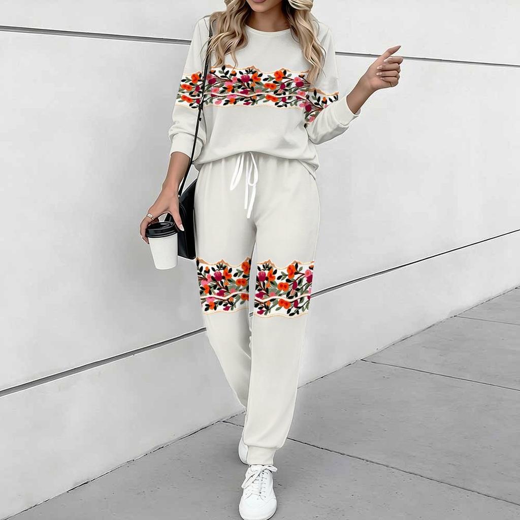 Women Retro Pattern Print Two Piece Outfit, Long Sleeve Crew Neck Top & Drawstring Jogger Pants Casual Tracksuit for Spring Autumn