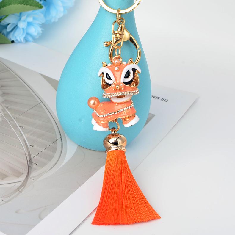 Chinese Red Tassel Dancing Lion Keychain with Rhinestone Charm