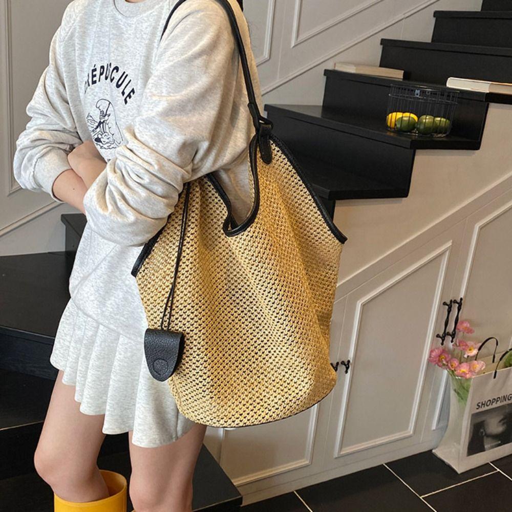 Parent Shoulder Bag Straw Woven Bag Tote Bagwith Sunglasses Clip Hollow Shoulder Bag  Travel