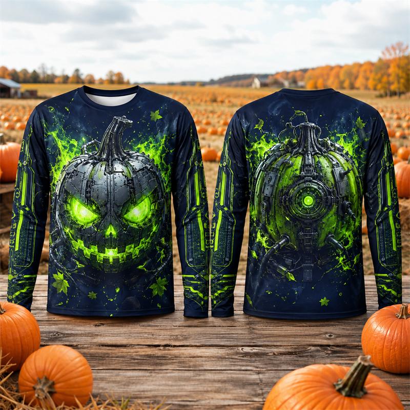 Halloween Long Sleeve T Shirt Men Mechanical Cyber Jack O Lantern Pumpkin 3D Print Flame Autumn Leaf Graphic Top Party Unisex