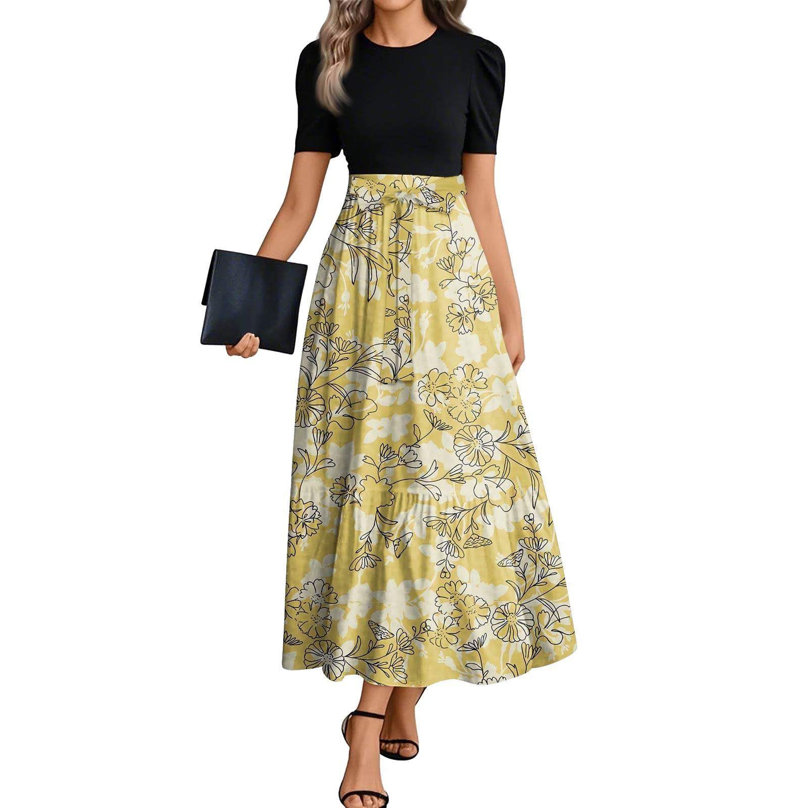 

Women s Fashion Casual Belted Round Neck Short Sleeve Floral Patchwork Elegant Dresses XL жовтий