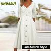 Women's Fashion Summer Spring Solid Color Print V-Neck Long Sleeve Casual Dresses