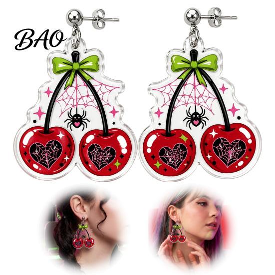 Gift for Girls Friends 1 Pair Acrylic Cherry Earrings Women, 2D Fruit Dangle Drop Spider with Web And Bow, Punk Jewelry Halloween Party Versatile