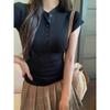 Summer V-neck Button-up Henry Shirt Short Front Shoulder T-shirt Women's Niche Simple Design Slim-fitting Versatile Top Ins