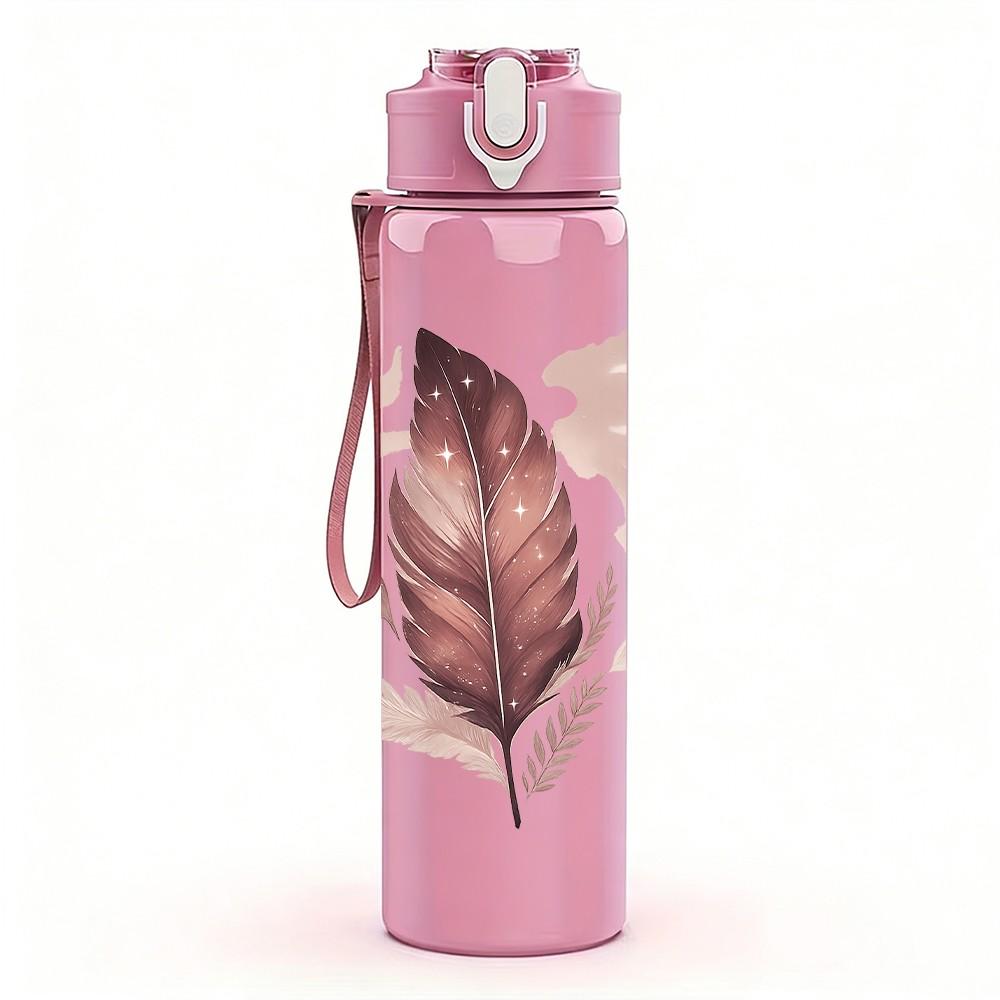 1PC Single Dried Feather Print 750ml Color Plastic Sports Water Bottle Leakproof Flip Straw Lid Suitable for Sports Office Home Use