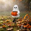 Decorative Soil Insert Signs Halloween Ghost Candy Bowl Garden Stake, 2D Flat Pumpkin Holder with Cat Spooky Bucket Sign And Bats, Trick or Treat