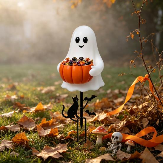 Decorative Soil Insert Signs Halloween Ghost Candy Bowl Garden Stake, 2D Flat Pumpkin Holder with Cat Spooky Bucket Sign And Bats, Trick or Treat