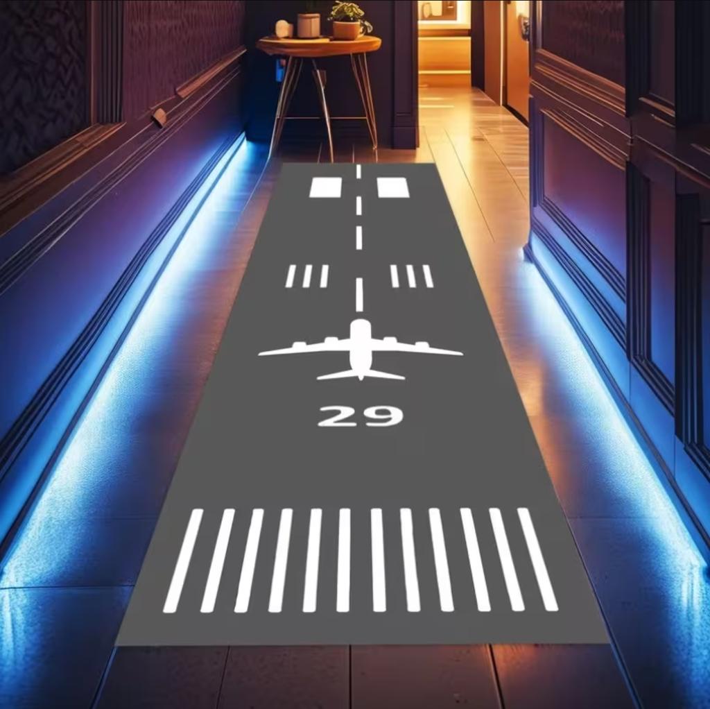 Hallway Runner Rug Airport Runway Theme Pattern Carpet Non-Slip Soft Easy To Clean Durable Aviation Room Entryway Home Decor Mat